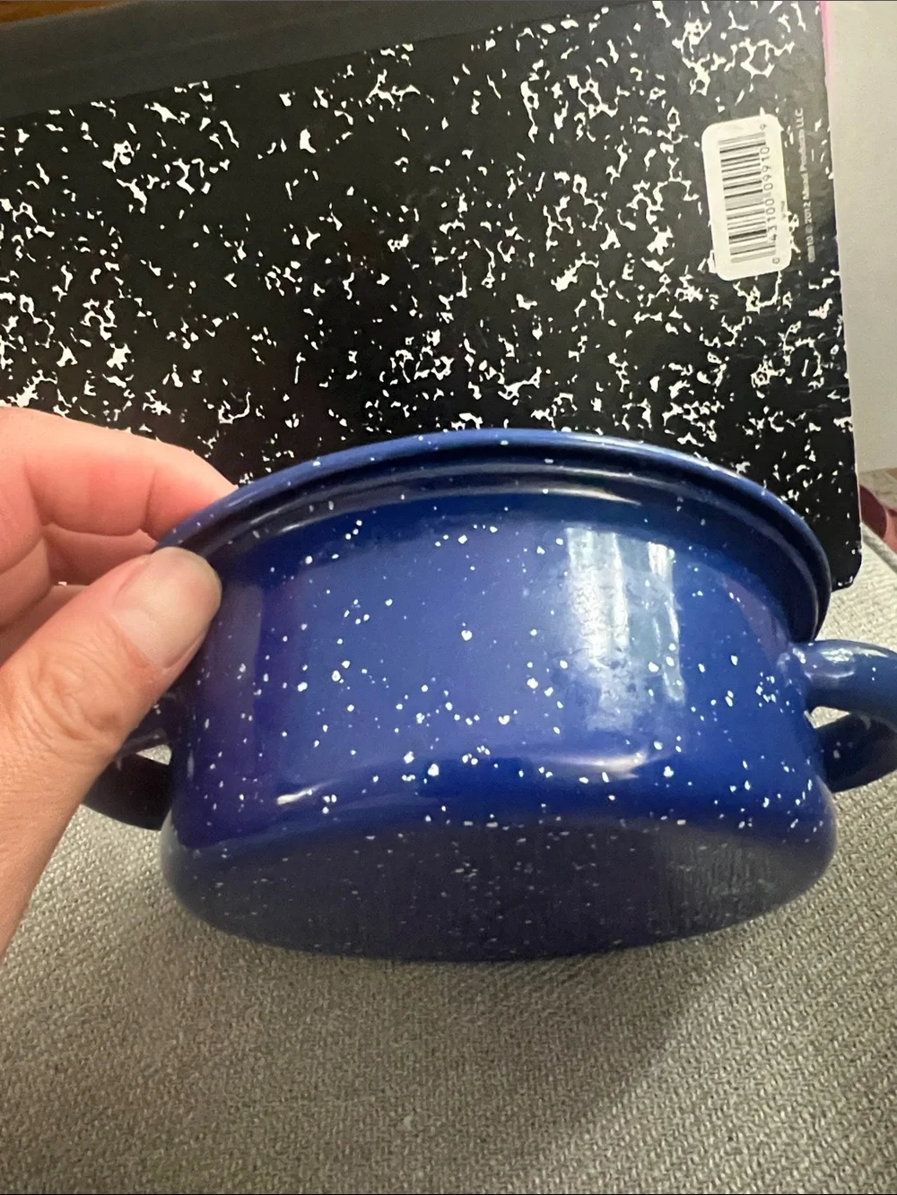 BISA Miniature Blue & White Spatter Enamelware Stock Pot with a lid